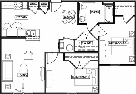 Floor plan for 2 beds, 1 bath, 914 sqft